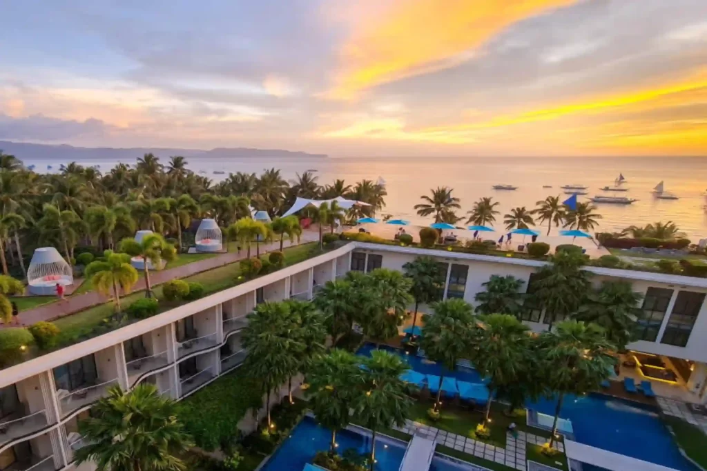 Aerial View of The Lind Boracay with Sunset Highlights