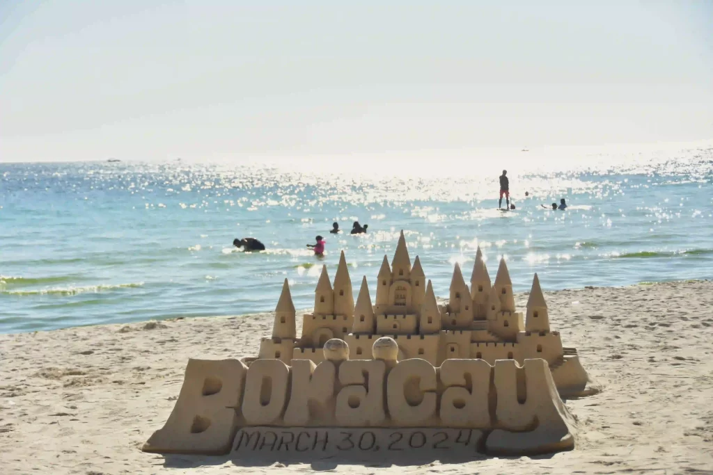 Boracay sand castle and the sea behind