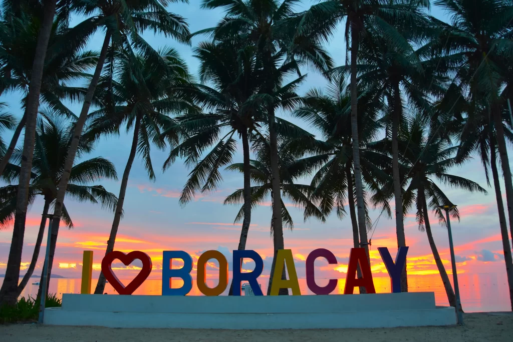 sunrise at i love boracay sign in Bulabog back beach